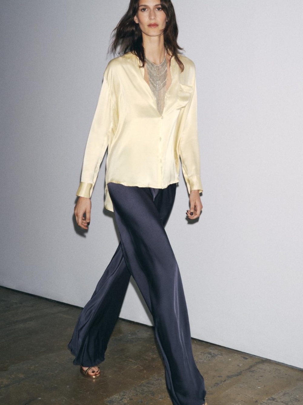 Zara Woman Collection Satin Trousers Flared Bottom Color Petrol Blue Size Small